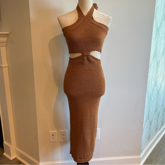 Mable Brown Cutout Bodycon Halter Top Knit Midi Dress Small Cocktail Evening - Picture 3 of 9